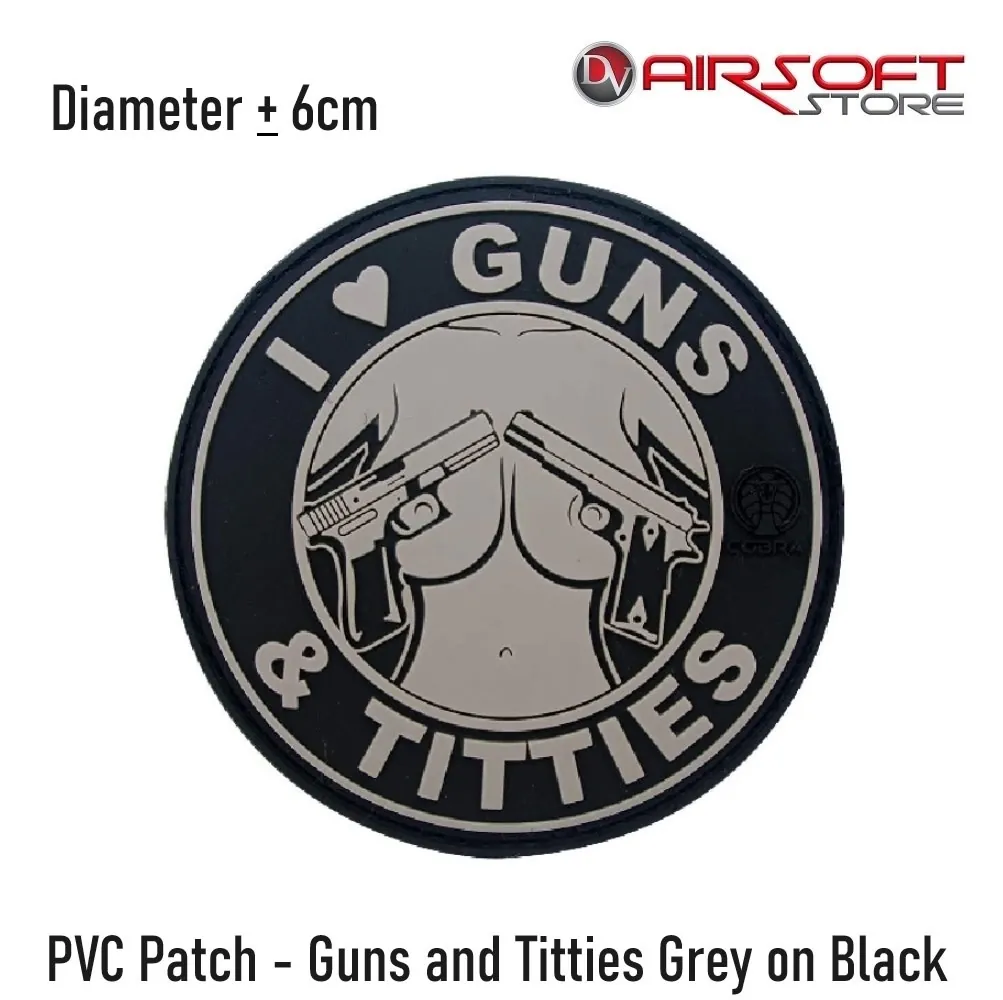 [2100000042012] PVC Patch - Guns and Titties Grey on Black